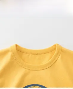 Detail view showing a bright yellow crew neck t-shirt with neat cotton knitting texture