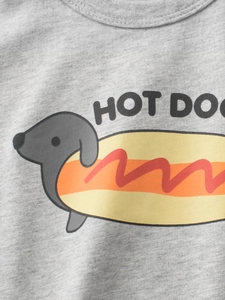 Kinder T-Shirt aus grauer Baumwolle mit kreativem Hotdog-Dackel-Cartoon-Aufdruck