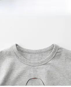 Détail du col en maille côtelée et imprimé vintage sur un t-shirt en coton gris