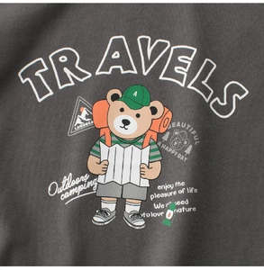 Detailed close-up of cartoon bear outdoor camping print on dark grey cotton fabric