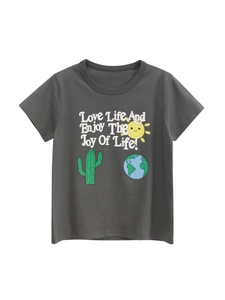 Kids Boys 100% Cotton Short Sleeve T-Shirt Cartoon Sun Cactus Earth Print Round Neck Casual Summer Daily Top