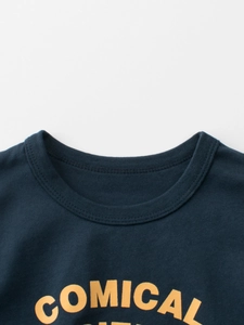 T-shirt bleu foncé en coton pour enfants avec imprimé chiot Comical orange et col rond