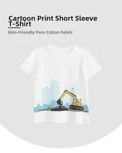 Close-up of kids white cotton T-shirt featuring a yellow excavator and city silhouette print