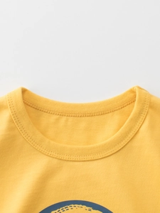 Neckline detail of boys bright yellow cotton t-shirt with durable double stitching
