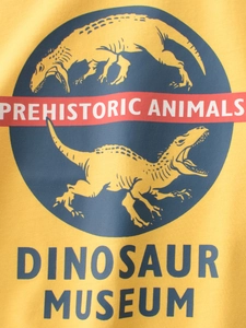 Mustard yellow kids dinosaur museum t-shirt featuring prehistoric animals print detail