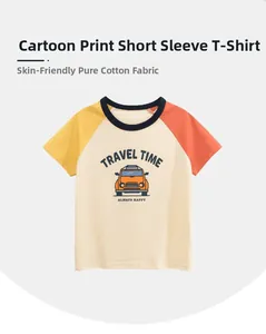 Detail of soft cotton kids raglan t-shirt featuring a cartoon car print and travel text
