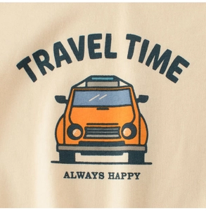 Detail of breathable cotton T-shirt featuring cartoon orange off-road car and travel text