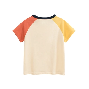 Back view of kids raglan t-shirt with orange and yellow sleeves on white cotton
