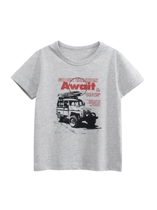 T-Shirt Garçon Coton Manches Courtes Été Vacances Plein Air Graphique Véhicule Tout Terrain Col Rond Gris Chiné Décontracté