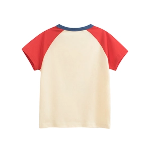 Back view of kids raglan short sleeve t-shirt with red sleeves and navy collar