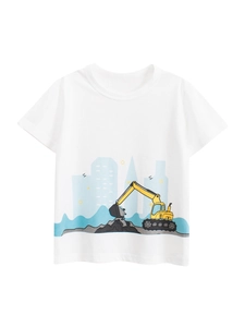 Kids Boys T-Shirt Pure Cotton Short Sleeve Round Neck Cartoon Excavator Construction Vehicle Summer Casual Tops