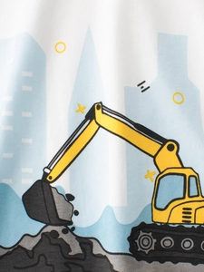 Boys white cotton T-shirt featuring a bright yellow excavator cartoon print and city skyline