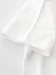 Short sleeve white cotton boy T-shirt showing high-quality double-needle stitching detail