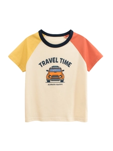 Boys Summer Short Sleeve T-Shirt 100% Cotton Cartoon Jeep Raglan Sleeve Top Contrast Color Casual Cotton Tee For Kids