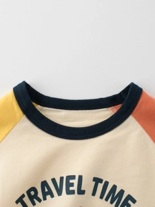 Boys summer cotton raglan sleeve t-shirt with Travel Time print and blue ribbed crew neck