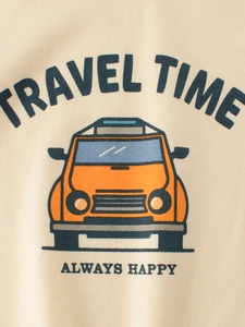 Beige kids raglan T-shirt featuring a retro orange travel car print and Travel Time text