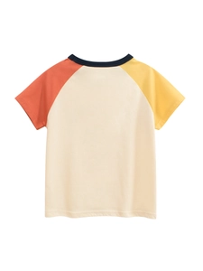 Kids short sleeve raglan t-shirt with orange and yellow sleeves on white body