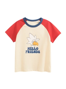 Kids Cotton Raglan Sleeve T-Shirt Cartoon Duck Print Color Block Short Sleeve Top For Toddlers Boys Girls Summer Casual Apparel