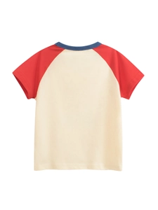 Back view of kids raglan short sleeve T-shirt in red and off-white color block