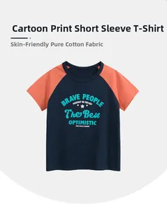 Detail view of cotton raglan short sleeve T-shirt with navy body and orange sleeves