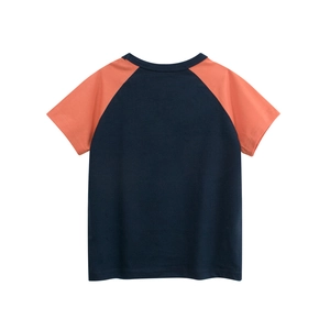 Detailed back view of a kids raglan short-sleeve tee in navy blue and bright orange cotton