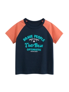 Boys Cotton T-Shirt Raglan Short Sleeve Crew Neck Letter Print Casual Sporty Color Block Top