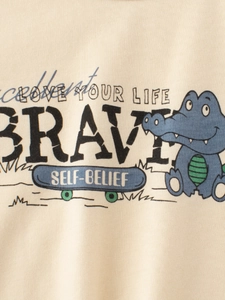Kids beige short sleeve cotton T-shirt with vintage crocodile and skateboard print