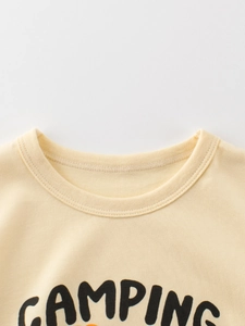 Kids camping cotton t-shirt with ribbed crewneck and soft fabric detail in beige