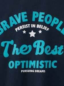 Short sleeve navy T-shirt for boys with Brave People and Optimistic printed slogans