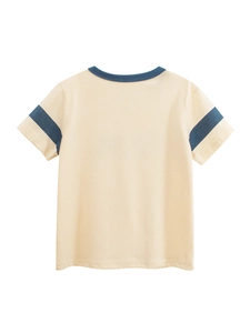 Short-sleeved cotton t-shirt for kids in cream with blue ribbed collar and striped sleeves
