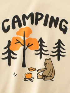 Kids' cream cotton T-shirt featuring a cartoon bear camping and roasting fish print