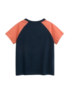 Kids short sleeve raglan t-shirt in navy and orange cotton fabric for summer casual wear