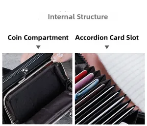 Detail view of large capacity coin compartment and accordion card slots in black purse