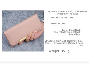 Detailed specs of pink PU leather long wallet with phone slot and multi-card capacity