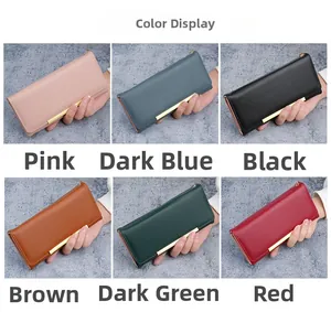Detailed color display of women's long wallets in six colors with gold metal trim