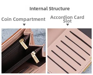 Detailed internal structure of pink wallet with double zipper pockets and accordion card slots