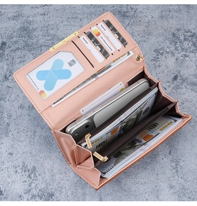 Internal layout of pink long leather wallet with multi-card slots and phone compartment