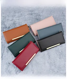 Detailed display of long PU leather wallets for women in six various colors with metal trim