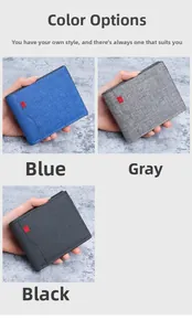 Drei kompakte Herren-Geldbörsen aus Canvas in Blau, Grau und Schwarz mit rotem Logo