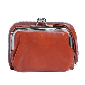 Retro reddish brown leather coin purse with silver kiss-lock and zipper closure