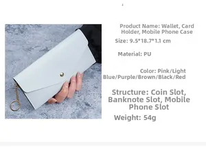 Detail view of light blue PU leather wallet with snap button and dimension specifications