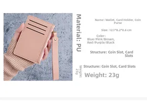 Pink slim card holder wallet with wrist strap and zipper pouch measuring 12.1x8.2x0.6cm
