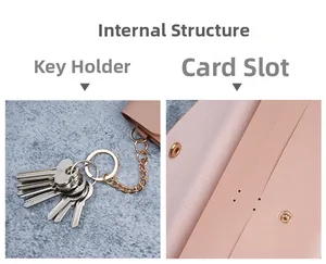 Detail view of pink leather wallet interior with card slots and metal keychain rings