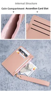 Pink faux leather slim wallet detail showing zipper pocket, card slots and wrist strap