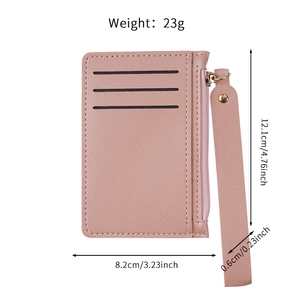 Slim pink card wallet with hand strap and zipper showing 12.1x8.2x0.6cm dimensions