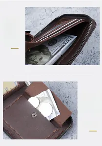 Détails de l'intérieur du portefeuille en cuir marron avec poche à monnaie et compartiments