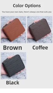 Detailed view of short wallets in brown and black with geometric stitching and L-shaped zipper