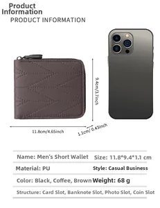 Short brown men's wallet size comparison with mobile phone showing V-shaped stitching