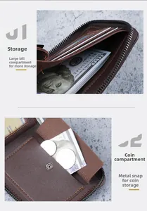 Detail view of brown leather wallet interior showing cash slot and snap coin pocket