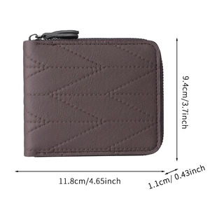 Men's short brown leather zipper wallet with diamond quilted pattern, 11.8cm x 9.4cm